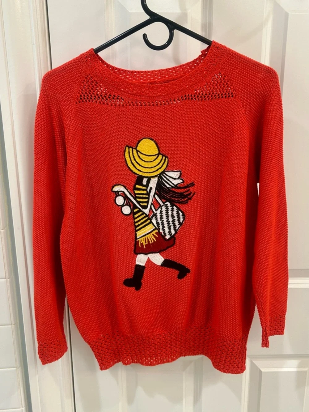 Vintage Tomato Red Embroidered Girl Hat Intarsia Textured Knit Lace Trim Sweater